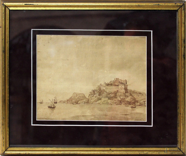 Baia con fortezza, china su carta, cm 23x18, firmato Vianelli, entro cornice.