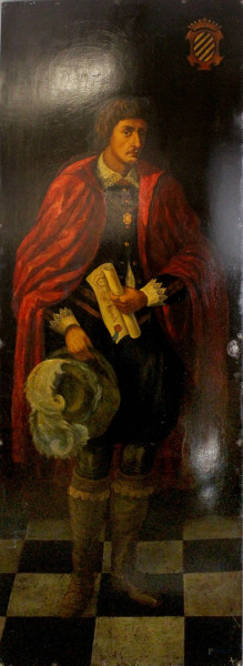Ritratto di nobile, olio su pannello in legno, cm. h210x75,5, XX secolo.