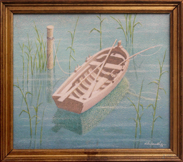 La barca solitaria, dipinto ad olio su tela, firmato E. Bulgarelli, cm 30 x 35, entro cornice.