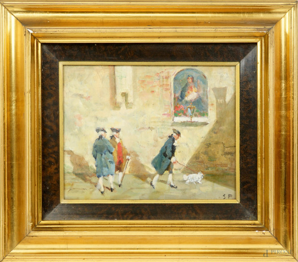 La passeggiata, olio su tavoletta, XX secolo, siglato in basso a destra, cm 19x24, entro cornice