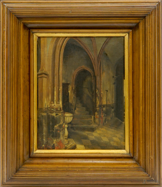 Interno di Chiesa, sec. XIX, olio su tela applicata su tela, cm 42,5x33,5