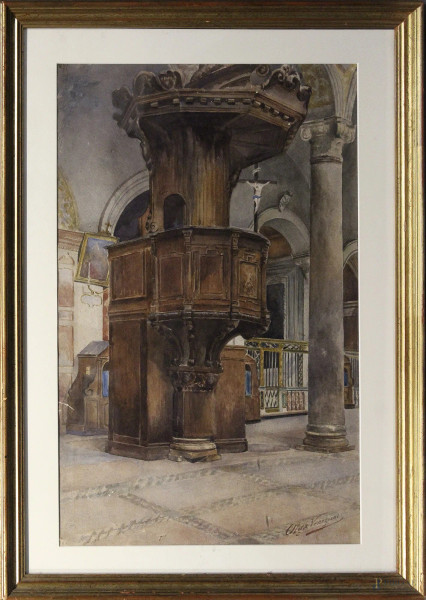 Olga Veneziani - Olga Veneziani, Pulpito dell&#39;Ara Coeli di Roma, acquarello su carta, cm 53 x 35, entro cornice.