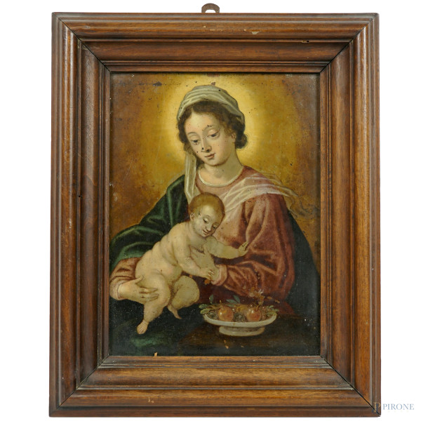 Pittore del XVII secolo, Madonna col Bambino e cesta di frutta, olio su rame, cm 30x22,7, entro cornice, (cadute di colore)