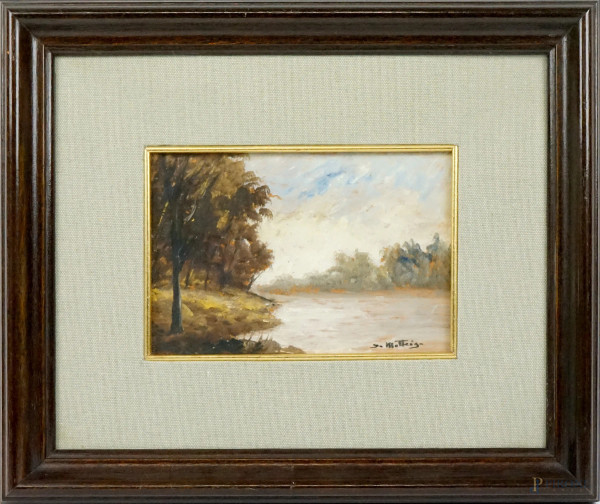 Paesaggio lacustre, olio su tavola, cm 13,5x20, firmato, entro cornice.