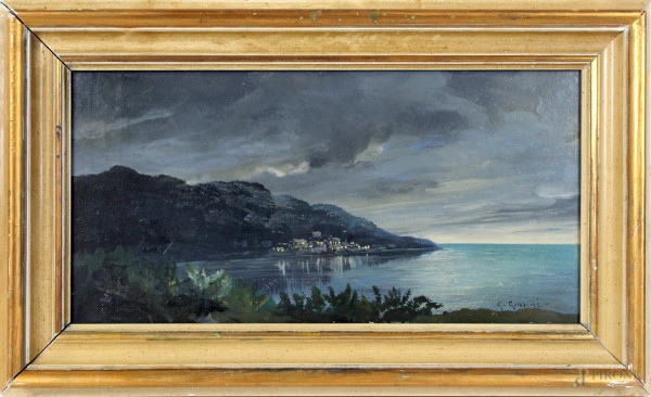 Notturno-paesaggio costiero, olio su faesite, cm. 21x41, firmato, entro cornice.