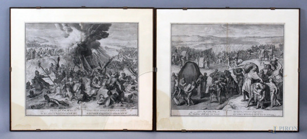 Coppia di antiche incisioni da G. Hoet (1648 -1733), raffiguranti scene bibliche, cm 35,5x43, entro cornici, (difetti).