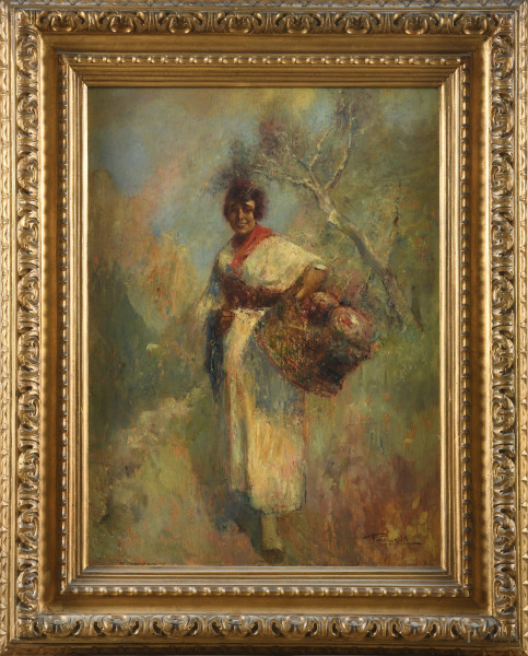 Giovane con cesta, XX secolo, olio su tavola, cm 69x49, firmato in basso a destra, entro cornice