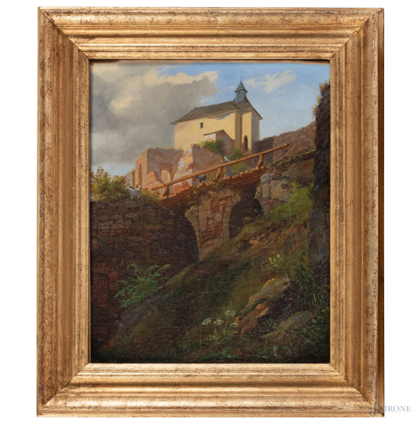 Pastorella sul ponte, XIX secolo, olio su carta applicata su tela, cm 29,5x24, siglato in basso a destra, entro cornice, (diffusa cruaquelure)