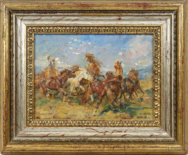 Cavalli, olio su compensato, cm 13,5x18,5, firmato Lionello Grazi, entro cornice, (cadute di colore).