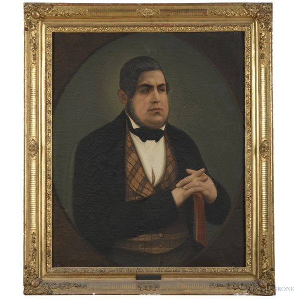 Ritratto virile, XIX secolo, olio su tela, cm 77x64, entro cornice, (segni di usura, craquelure)