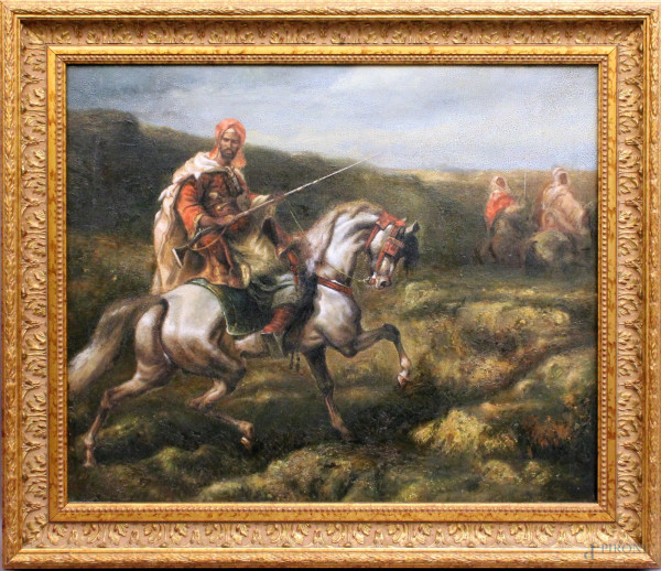 Paesaggio con cavalieri arabi, olio su tela, cm 50x60, entro cornice.