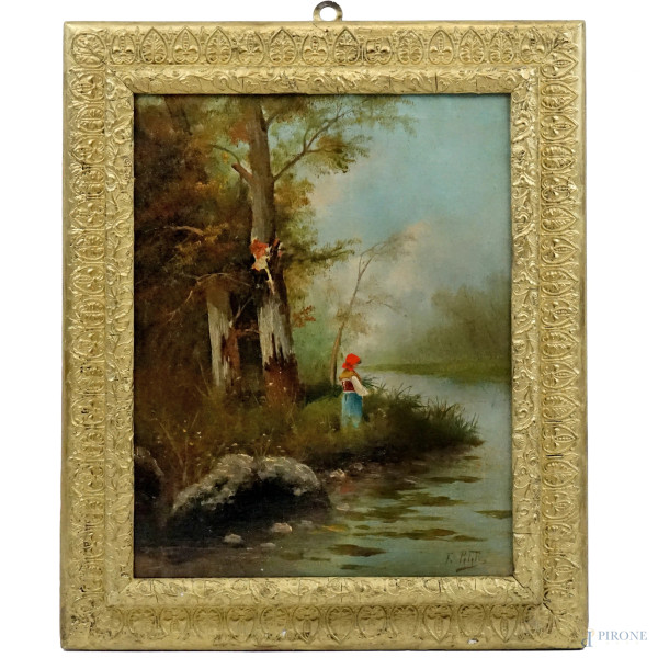 Paesaggio fluviale con figura, olio su tela, cm 50x40, firmato F.Petiti, entro cornice.