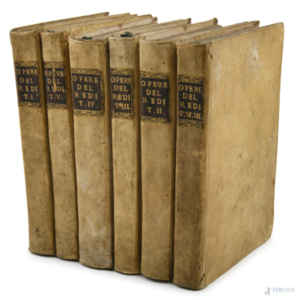 Opere di Francesco Redi, 6 volumi (tomi I-VII), Venezia 1728, 1742, 1745 (segni di usura, difetti, bruniture, segni di umidità, strappi)