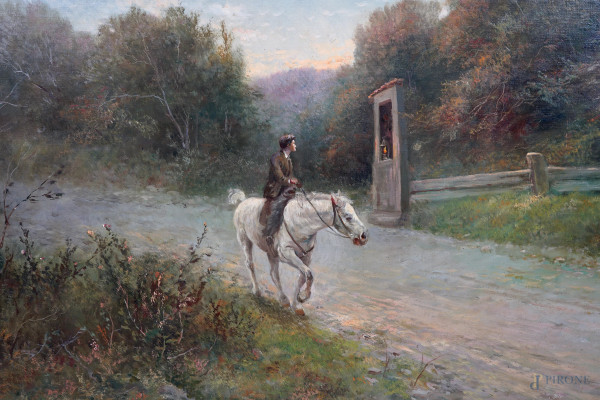 Passeggiata a cavallo, olio su tela, cm 126x87, entro cornice