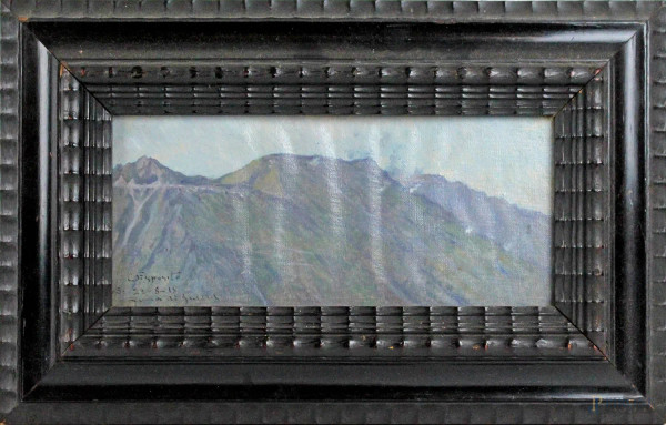 Paesaggio montano, olio su tela, cm 12,5x26,5, firmato e datato C.Esposito 28/08/1918, entro cornice