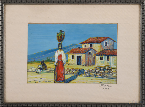 Terra di Sardegna, XX secolo, tecnica mista su carta, cm 17,5x26,5, firmato e datato al passepartout