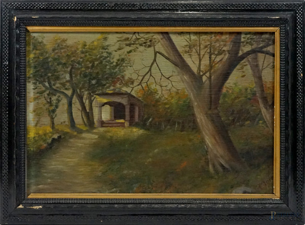 Paesaggio rurale, olio su tavola, cm 51x75, firmato Gino Moro, entro cornice.