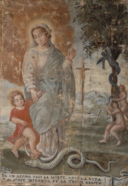 Pittore del XVIII secolo, Madonna con Bambino. "Da un legno uscì la morte, uscì la vita […]", olio su tela, cm 131,5x90,5, datato, (difetti e cadute di colore).