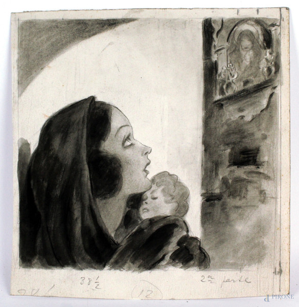 Luigi  Bompard - Maternità, tecnica mista su carta, cm 18x17