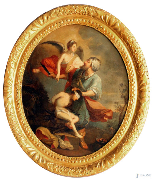 Il sacrificio d&#39;Isacco, dipinto ad assetto ovale ad olio su tela, 74x61 cm, XVIII sec, entro cornice.