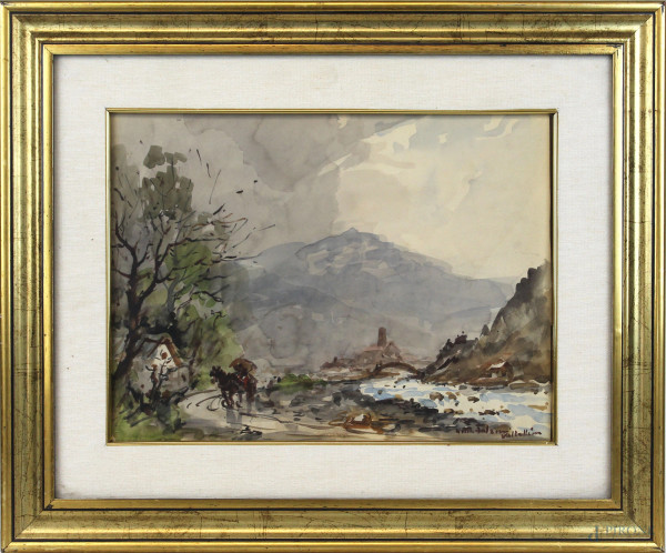 Giulio  Falzoni - Paesaggio della Valtellina, acquarello su carta, cm 29x39, firmato, entro cornice.