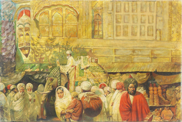 Scena di mercato, XX secolo, olio su tela, cm 60,5x90,5