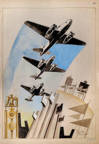 Dante Bonatti (XX sec.) Aeropittura con aerei in volo, tempera su carta, cm 23x33, firmato