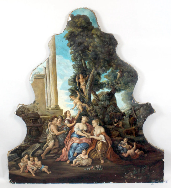 Capriccio con figure e rovine, antico dipinto su stucco riportato su tela, cm. 146x133.