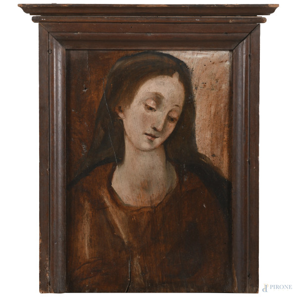 Madonna, XIX-XX secolo, olio su tavola, cm 49x38, (segni di usura, scalfiture, fessurazioni, cadute di colore, fori di tarlo)