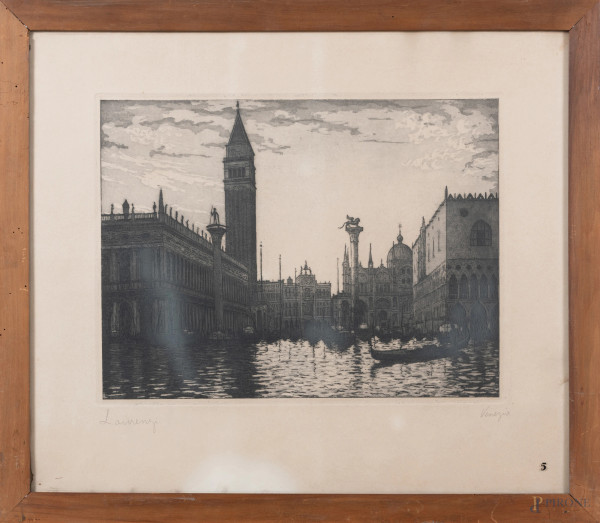 Lotto di 3 incisioni raffiguranti Venezia, XX secolo, misure massime cm 55x65, entro cornice, (segni di usura, foxing, tracce di umidità)