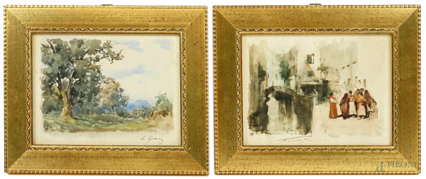 Lotto di due piccoli acquarelli su carta raffiguranti "Paesaggio" e "Canale con figure", misure max cm 12,5x16 circa, firme di autori diversi, entro cornici.