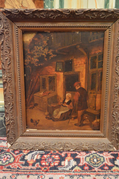 Esterno con figure,olio su tavola 26x34 cm, entro cornice,scuola fiamminga XIX sec.