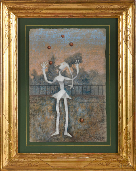 Enrico Benaglia (1938-), Il giocoliere, pastello grasso su carta, cm 49x33,5 entro cornice, firmato in basso a destra