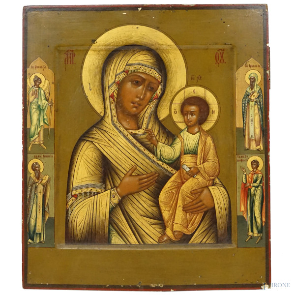 Icona raffigurante Madonna con Bambino e Santi, tempera su tavola, cm 31x26.5, fine XIX-inizi XX secolo, (difetti)
