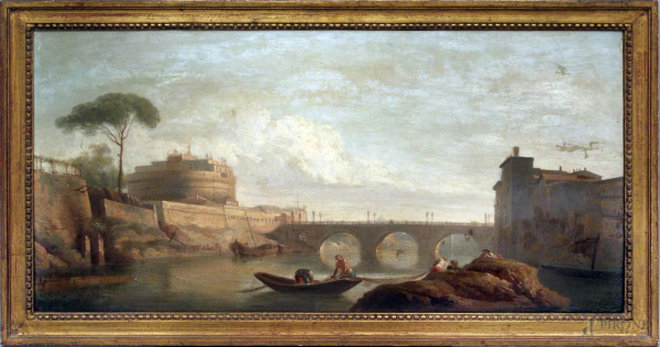 Ponte S. Angelo con figure, olio su tela, cm 40x75, XIX sec., entro cornice.