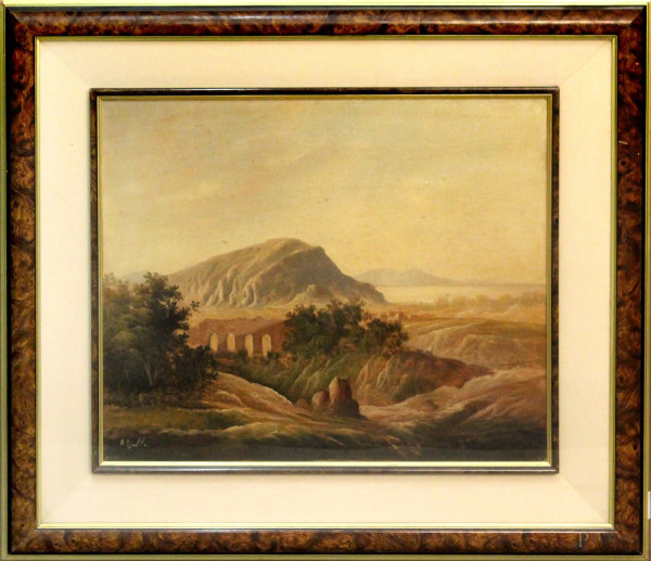 Paesaggio con acquedotto, olio su tela firmato, cm 50 x 60, entro cornice.