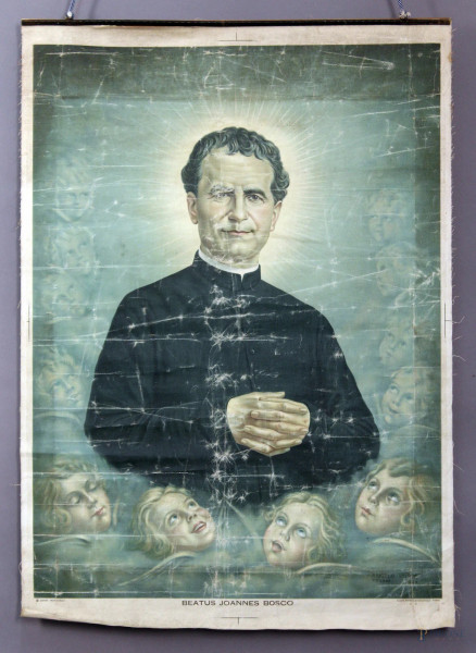 Don Bosco, vecchia oleografia su tela, cm. 103x74.