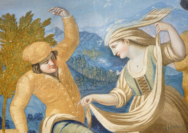Quadro in seta ricamata rappresentante il ballo della Tarantella, XIX secolo, cm 42,5x57,5, entro...