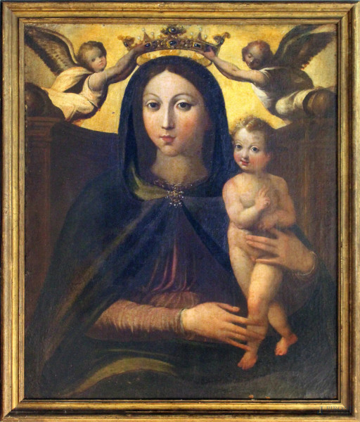 Madonna con bambino, scuola dell&#39;Italia meridionale della fine del XVI sec., olio su tela, cm.  83x70, entro cornice.