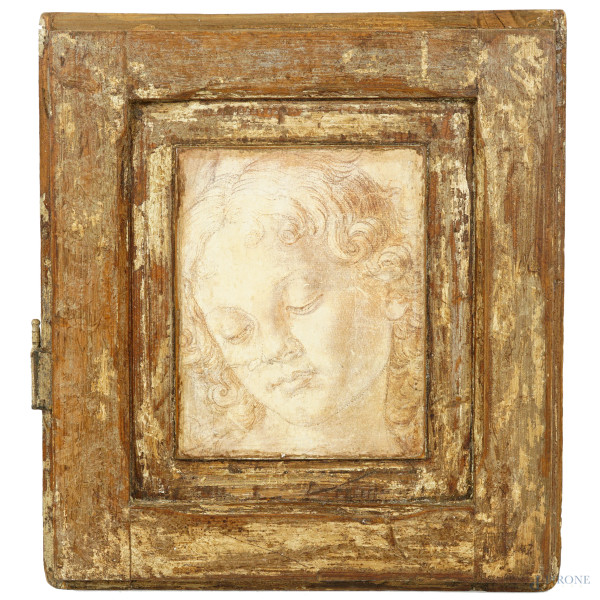 Sportello scanalato in legno, al centro stampa da Andrea del Verrocchio rappresentante il disegno "Testa di giovanetto", XIX-XX secolo, cm 45x40, (difetti)