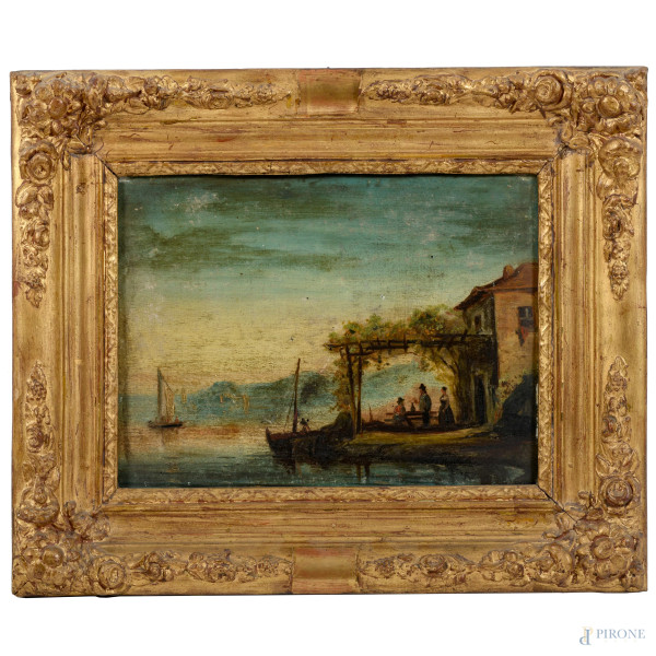 Coppia di dipinti raffiguranti paesaggi lacustri, olio su tavola, XIX-XX secolo, cm 24x33, entro ...