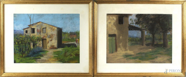 Menotti Pertici - Coppia di paesaggi toscani, pastello su carta, altezza cm. 23x31, entro cornice.