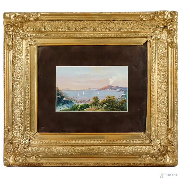 Veduta del Golfo di Napoli, gouache su carta, cm 11x16,5 circa, firmato Fergola, entro cornice