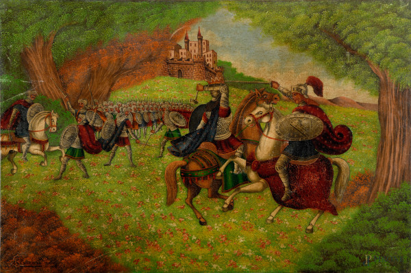 Nicolò Carrozza, Battimento di Marfisia e Bradamante, olio su tela, cm 50x75, firmato in basso a sinistra, retro titolato e datato "5.4.1969"