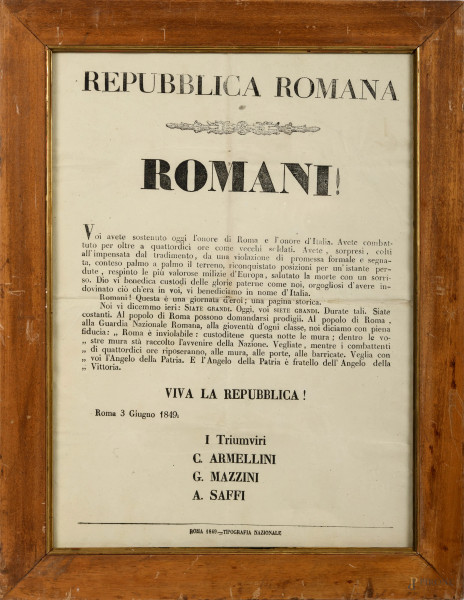 Repubblica Romana, Romani!, Roma, 1849, cm 55x40, entro cornice