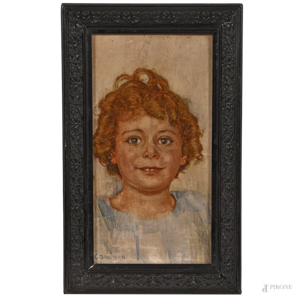 Ritratto di bambino, XX secolo, tecnica mista su tavola, cm 43x23, firmato in basso a sinistra, (segni di usura)