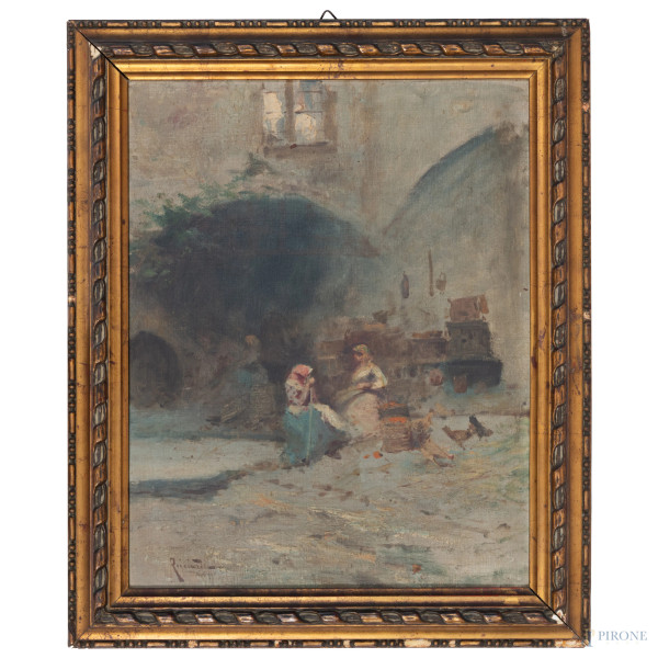 Oscar Ricciardi, (1864-1935), Donne nell'aia, olio su tela applicata su compensato, cm 48x38, firmato in basso a sinistra, entro cornice, (supporto imbarcato)