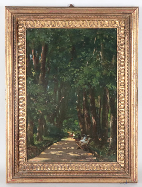 Nel parco, XIX secolo, olio su tela, cm 37x27,5, siglato e datato in basso a destra, entro cornice, (segni di usura, ondulazioni della tela)