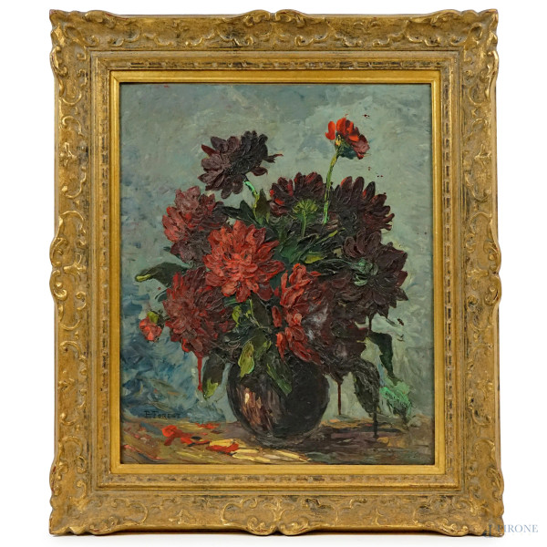 Vaso con fiori, olio su tela, cm 56x46,5, firmato, entro cornice, (lievi difetti).