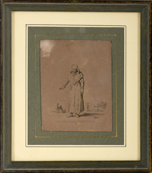 Lotto di tre stampe raffiguranti figure, XIX secolo, cm 11x8 entro cornice, (difetti)